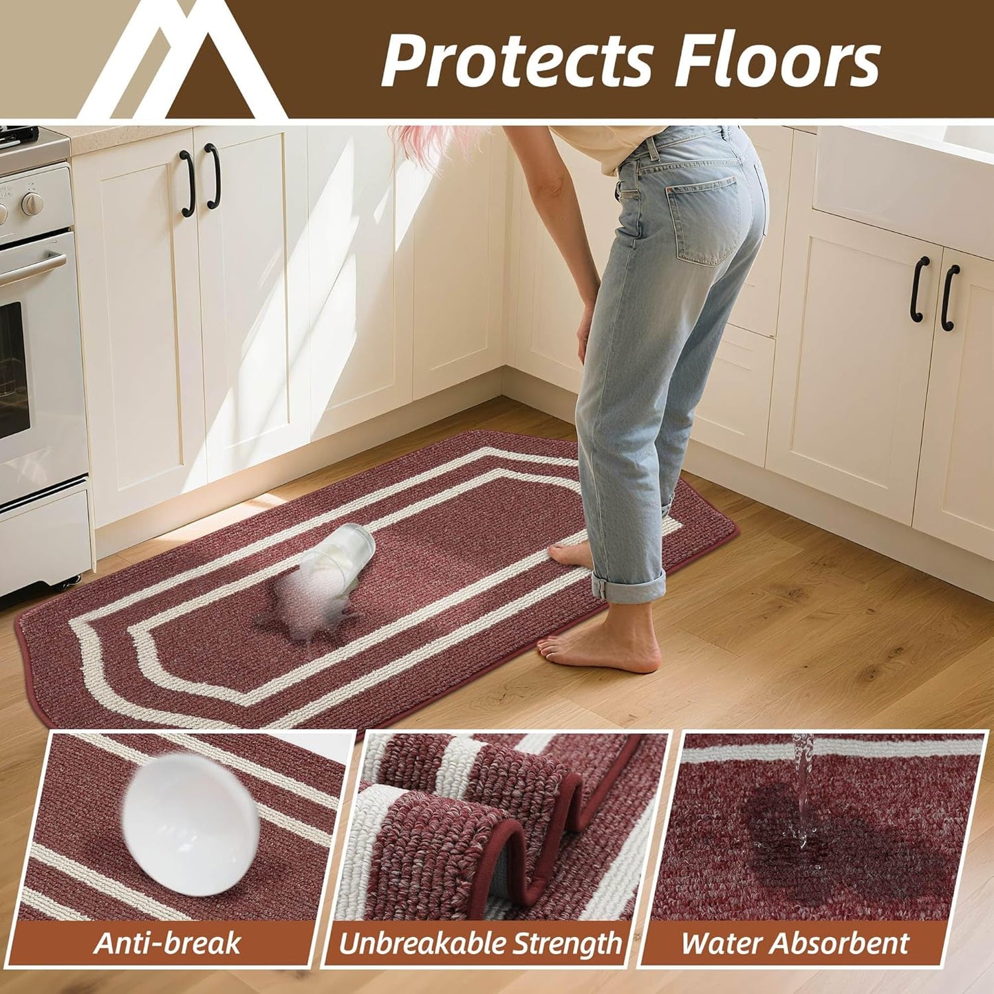 COSY HOMEER Long Kitchen Floor Mats for in Front of Sink Super Absorbent Kitchen Rugs and Mats 24"x48" Non-Skid Kitchen Mat Standing Mat Washable,Polypropylene,Red,Frame