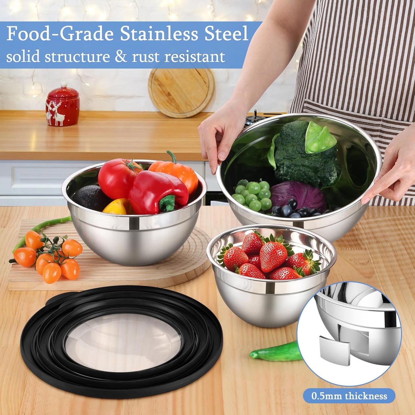 LIANYU Mixing Bowls Sets of 3, Stainless Steel Metal Nesting Mixing Bowl Sets for Kitchen, Large and Small Size 4.6 & 3 & 1.5QT, Include Transparent & Airtight Lids, Dishwasher & Freezer Safe, Black