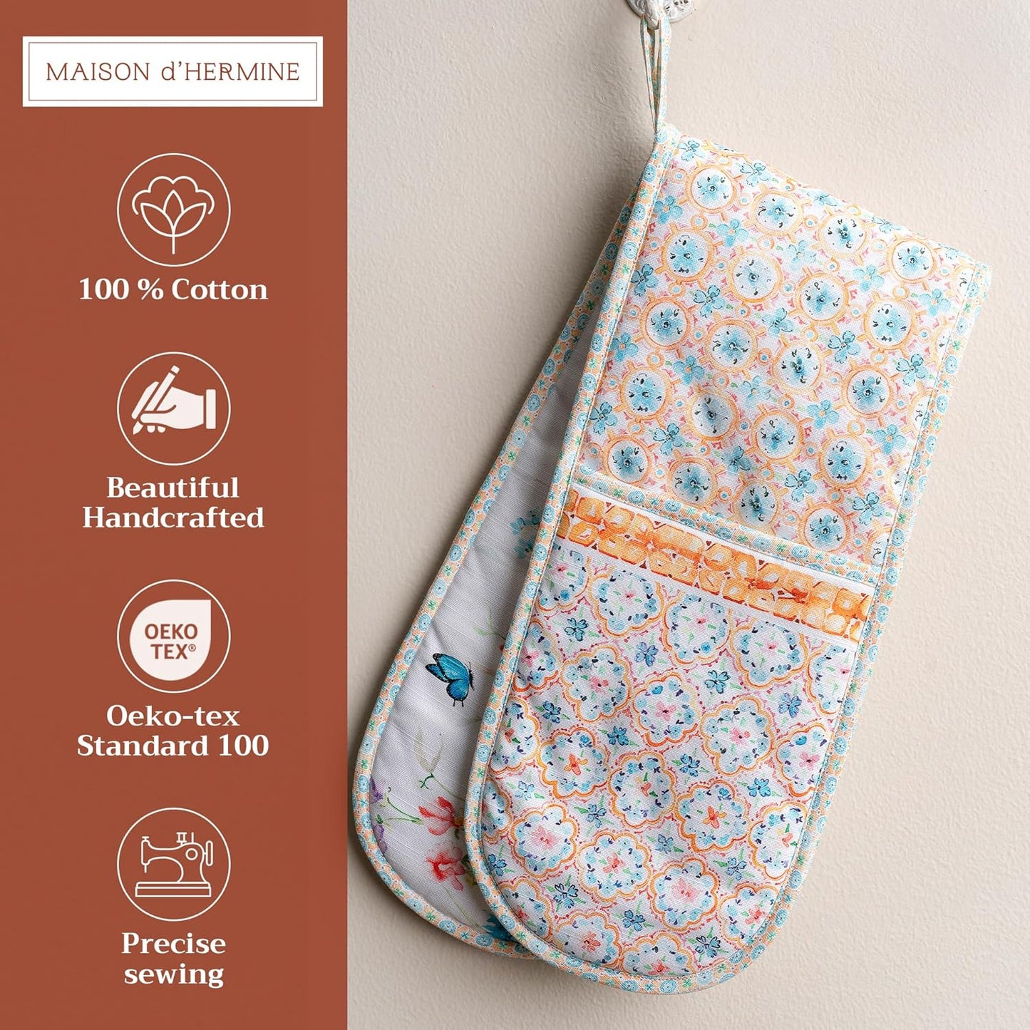 Maison d' Hermine Double Oven Mitts 100% Cotton 7"x35" Double Oven Mitt Heat Resistant BBQ Cooking Gloves with Loop, Baking, Grilling, Home, Kitchen, Handling Hot Pans Spring Summer (Summer Whisper)