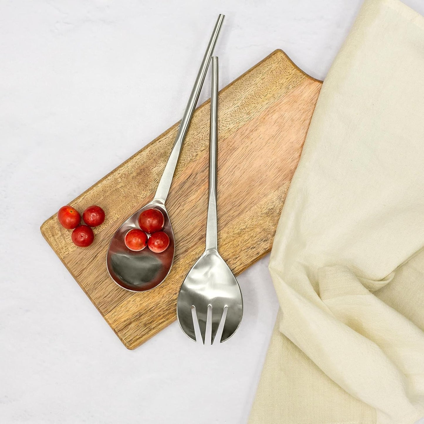 Folkulture Stainless Steel Kitchen Salad Servers or Salad Serving Utensils for Cooking, 12 Inch Salad Tongs, Serving Spoon and Fork Set for Salad, Gravies or Pasta, Silver Finish