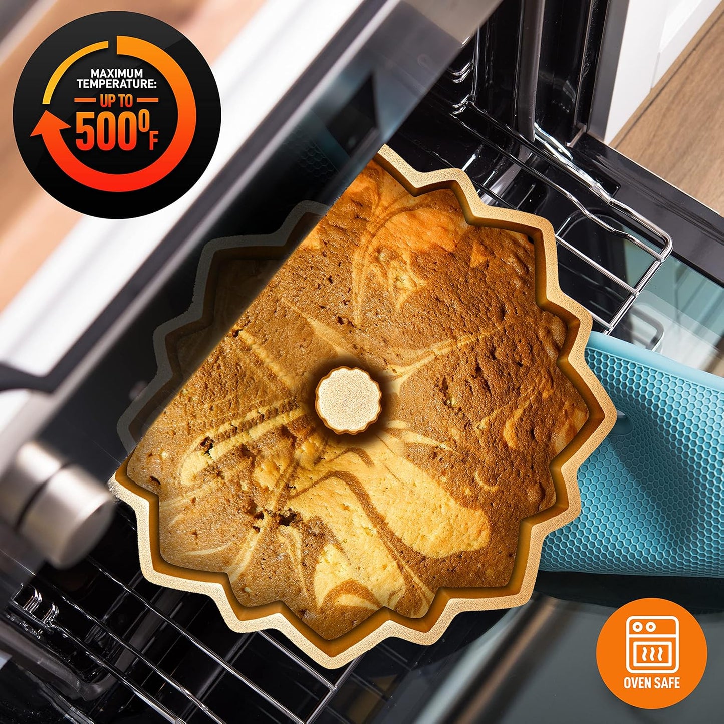 NutriChef 9-Inch Cake Pan, Thick and Heavy Cast Aluminum Cake Molds with 2 Layers of Nonstick Coating - Bloom Flower Design for Uniform Baking Up To 500 Degrees - Easy to Clean, Gold