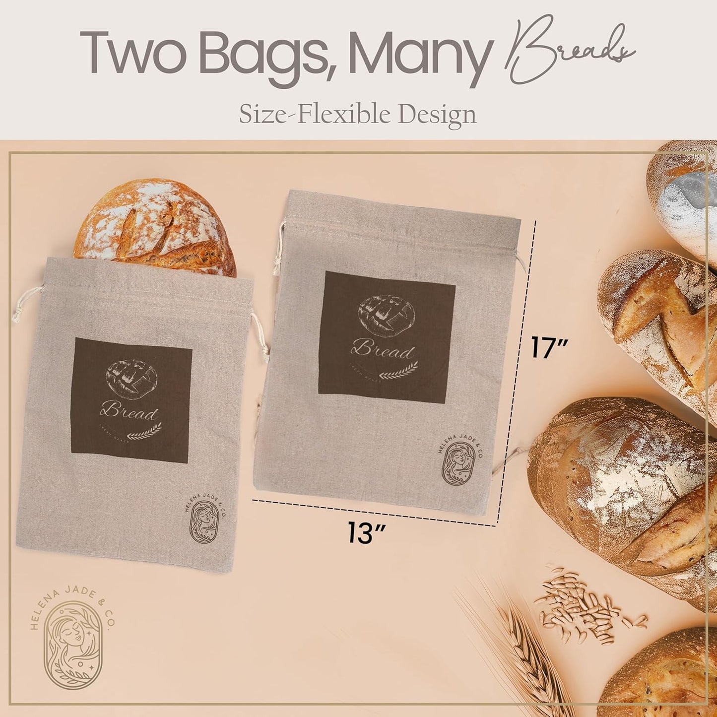 Linen Bread Bags for Homemade Bread – Easy to Clean Large Reusable Cloth Bags for Sourdough, Sandwich & Loaf Storage, BPA-Free Linen Bag with String Closure For Fresh Breads Storage (2 Pack, XL)