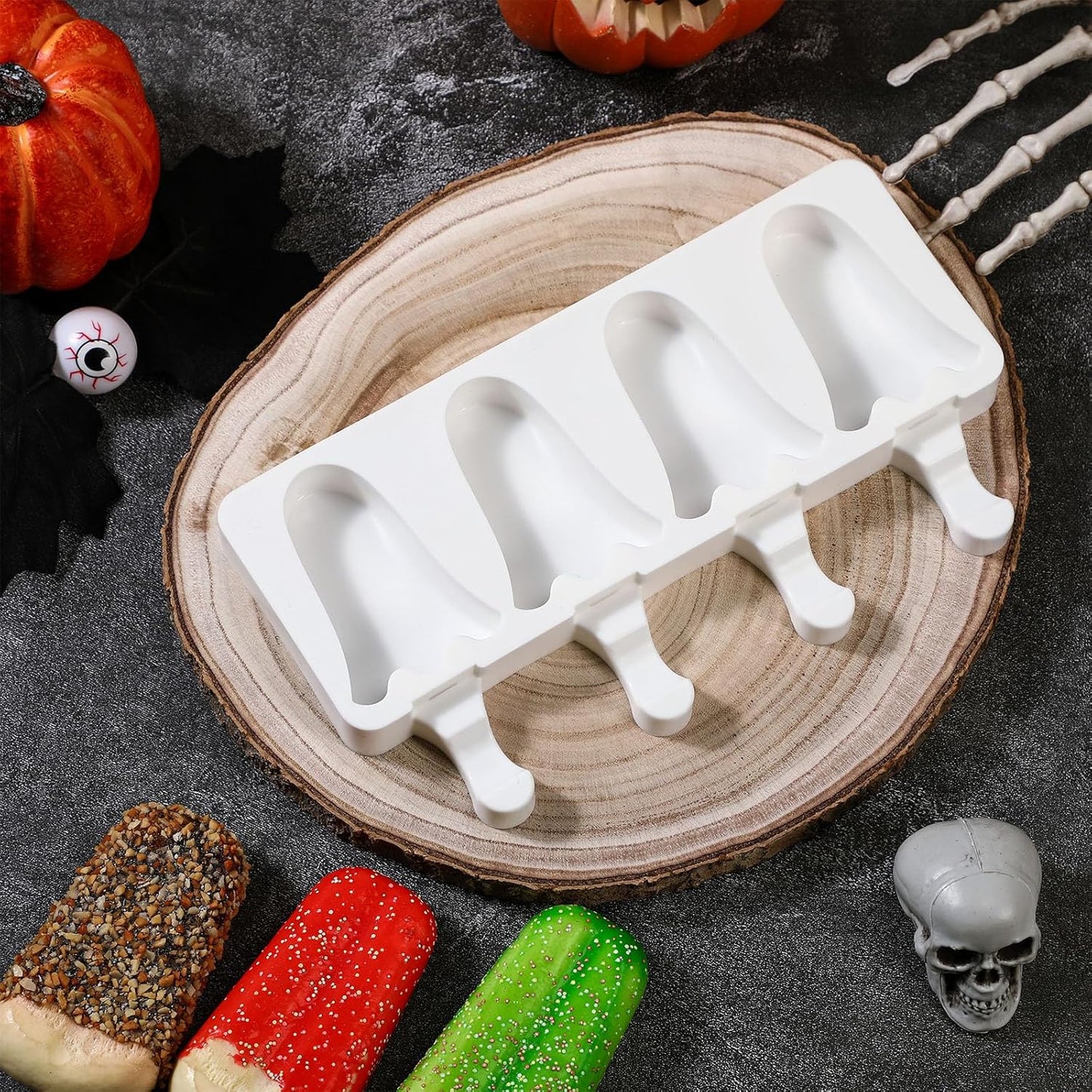 Hushee Halloween Ghost Shaped Mold Large 4 Cavity Reusable Silicone Cakesicle Cake Pop Ice Cream Mold for Halloween Adults Homemade Ice Cream Chocolate Candy DIY Trick Dessert Decorating