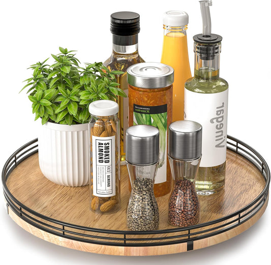 13" Lazy Susan Oak Wood Turntable Organizer for Cabinet, Farmhouse Round Wooden Lazy Susan Organization and Storage for Dining Table, Pantry, Kitchen, Bathroom, Countertop, Cupboard, Home Decor