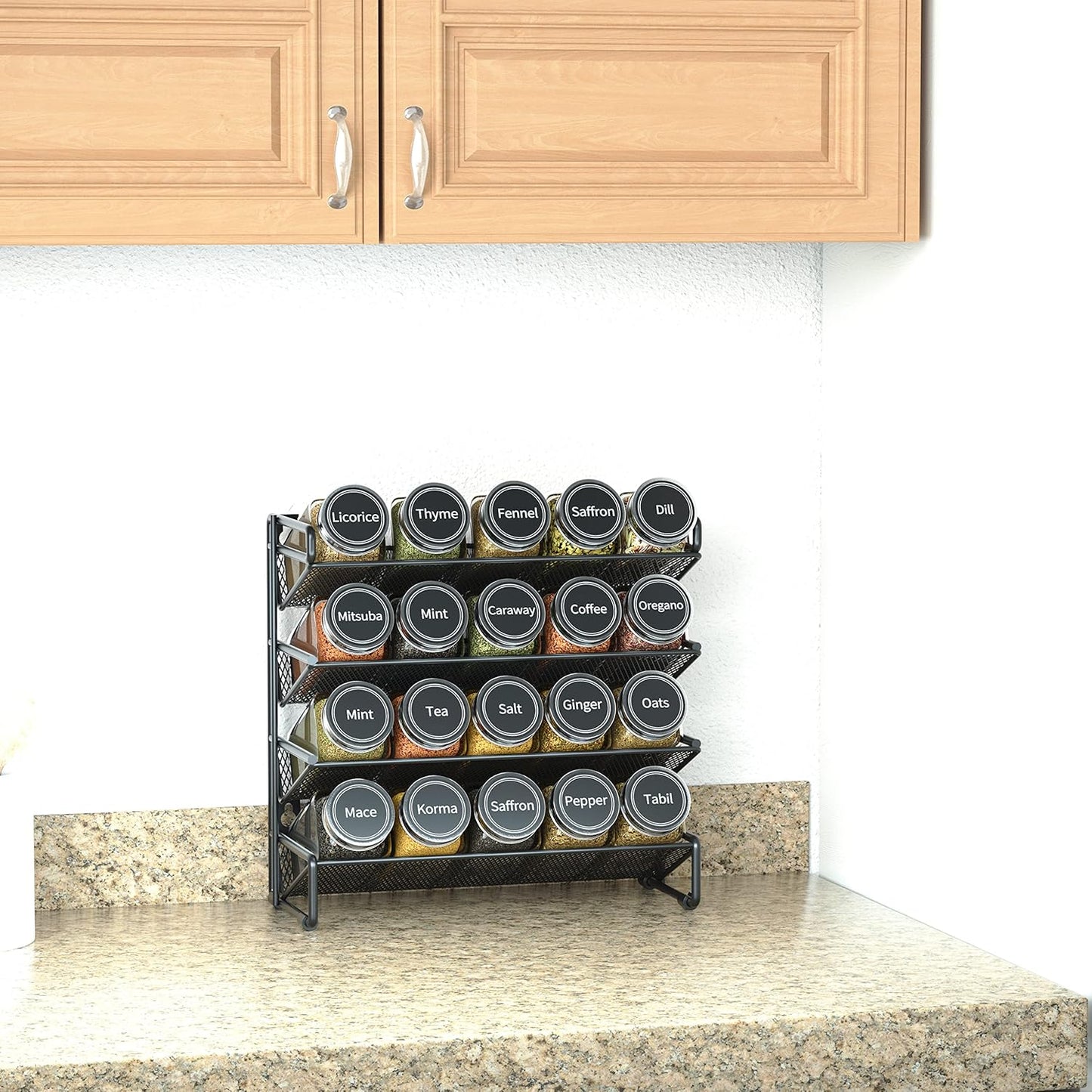 SpaceAid Spice Rack Organizer with 20 Spice Jars, 386 Spice Labels, Chalk Marker and Funnel Set for Cabinet, Countertop, Pantry, Cupboard or Door & Wall Mount - 20 Jars, 9.8" W × 10.8“H, Black