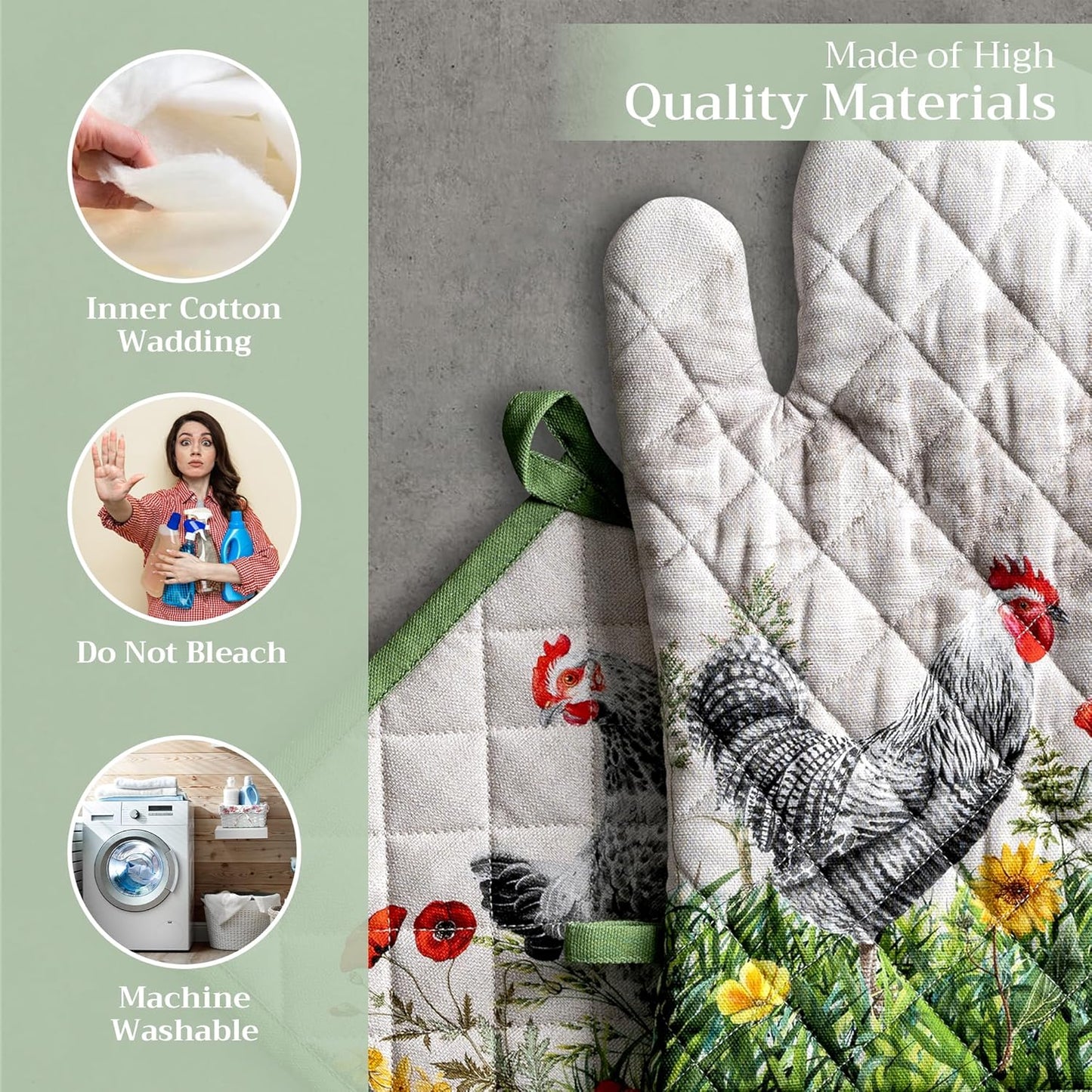 Maison d' Hermine 100% Cotton Oven Mitt & Pot Holder Set (7.5"x13" & 8"x8") Heat Resistant BBQ Cooking Gloves with Loop, Baking, Grilling, Kitchen, Handling Hot Pans Spring/Summer (Basse Cour)