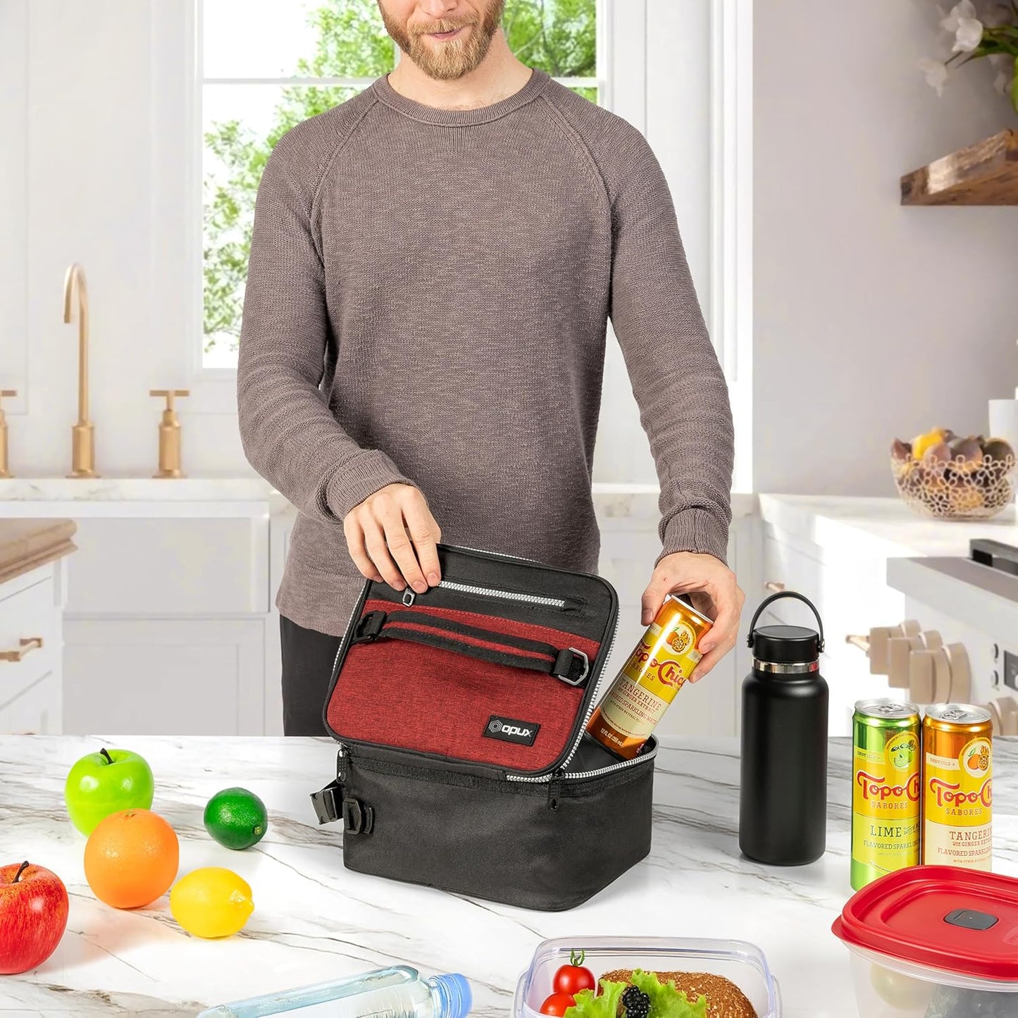 opux Insulated Lunch Box for Men Women Adult, Compact Lunch Bag for Kids Boy Girl Teen, Soft Lunch Cooler Bag for Work School, Leakproof Lunchbox Lunch Pail with Clip-on Buckle, Heather Red