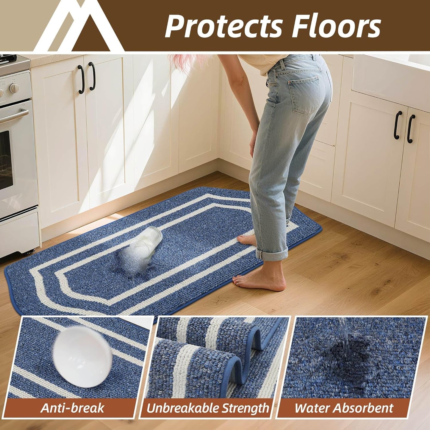 COSY HOMEER Long Kitchen Floor Mats for in Front of Sink Super Absorbent Kitchen Rugs and Mats 24"x59" Non-Skid Kitchen Mat Standing Mat Washable,Polypropylene,Blue,Frame