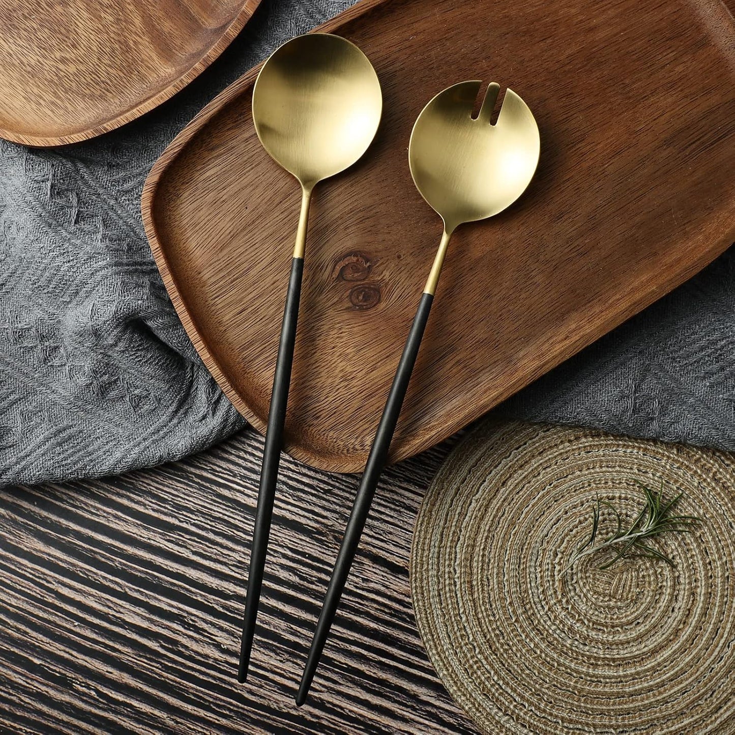 Salad Servers,Spoon and Fork Set 11.41 inch,18/10 Stainless Steel Salad Serving Titanium Plating (black gold)