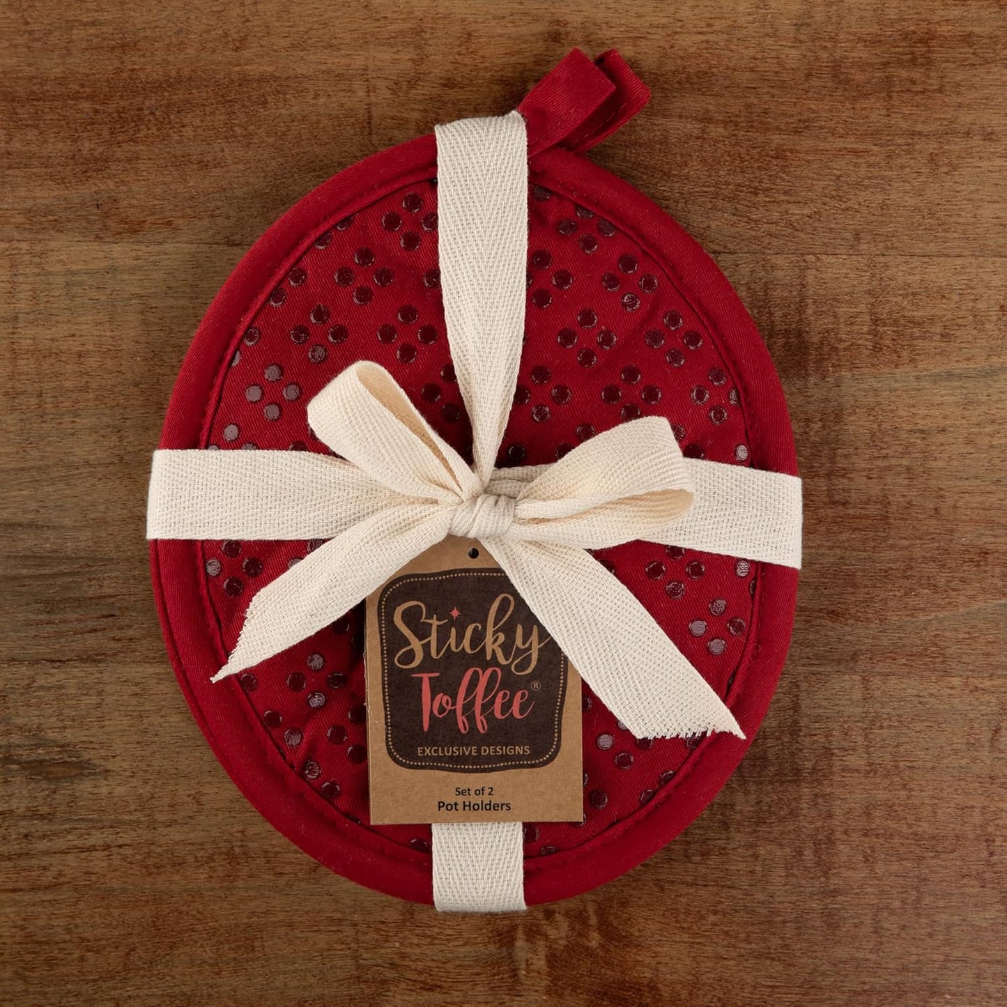 Sticky Toffee Silicone Pot Holders Set of 2, Red, Heat Resistant to 500°F, Non-Slip Oven Hot Pads with Oeko-Tex Cotton Shell, 7 x 9 in