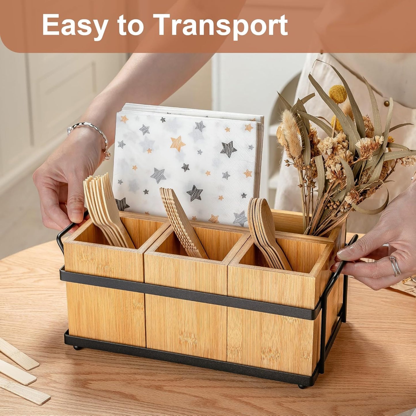 PTSTING Silverware Caddy Wood Utensil Holder Paper Plate Dispenser Silverware Utensil Caddy Cutlery Flatware Organizer Box for Spoons Forks Plates Napkins