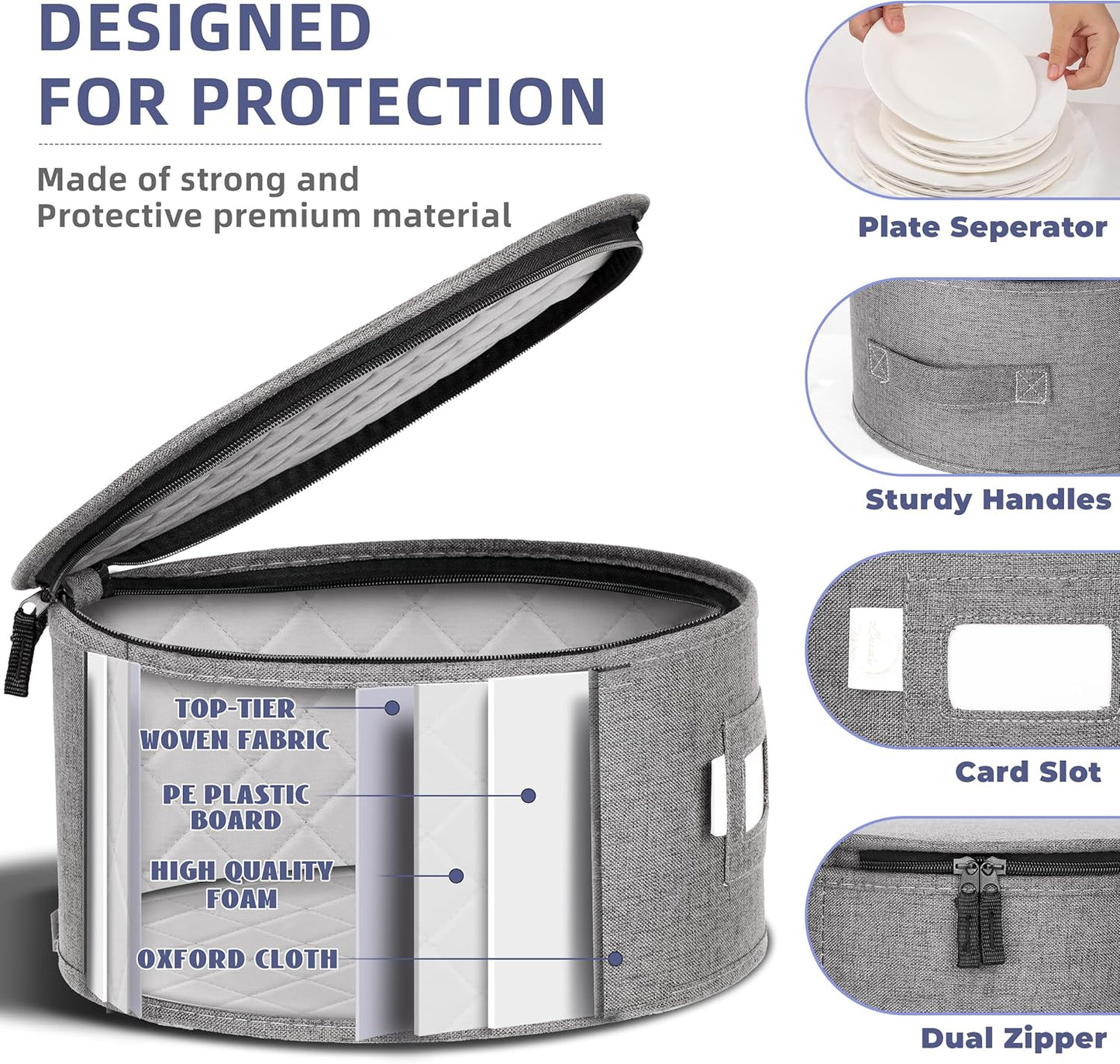 LUXULA China Storage Containers for 12 Place Setting with Two Plate Bags, 5 Pcs Hard Shell Quilted China Storage Cases for Dinner Plates, Salad Plates, Dessert Plates, Saucers, Cups & Mug Storage