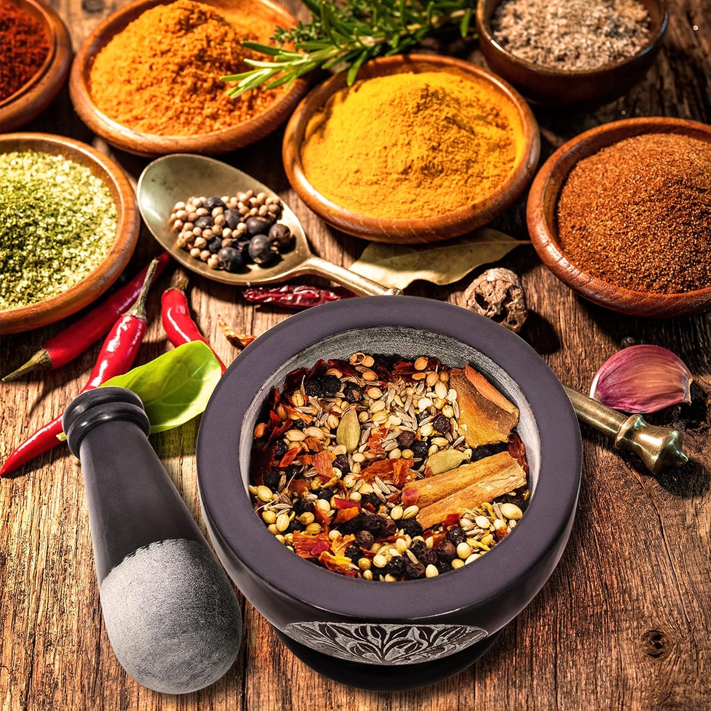 Mortar and Pestle, Made of Heavy Duty Polished Hard Stone, Natural Stone Grinder for Spices, Pastes, Herbs, Seasoning etc. (Tree of Life)