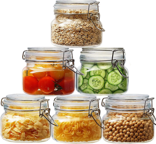 17oz - 6 Pack Square Glass Jars with Airtight Lid, Wide Mouth Mason Jars with Clamp Lids, Air Tight Glass Canisters, Best Food Storage Containers for Cereal, Pasta, Rice, Sugar, Coffee, Spice