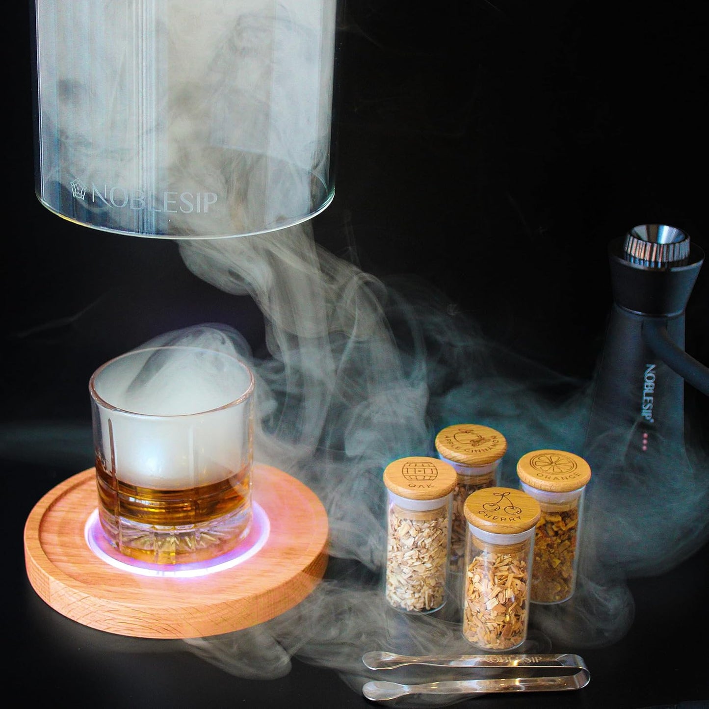 Cocktail Smoker Kit with Glass Dome, Wood Chips for Smoking Drinks and Food 𝗣𝗥𝗘𝗠𝗜𝗨𝗠 "Smoky Crown". Add smoky flavors to Whiskey, Bourbon, Old Fashioned, Cheese, Charcuterie, Deserts