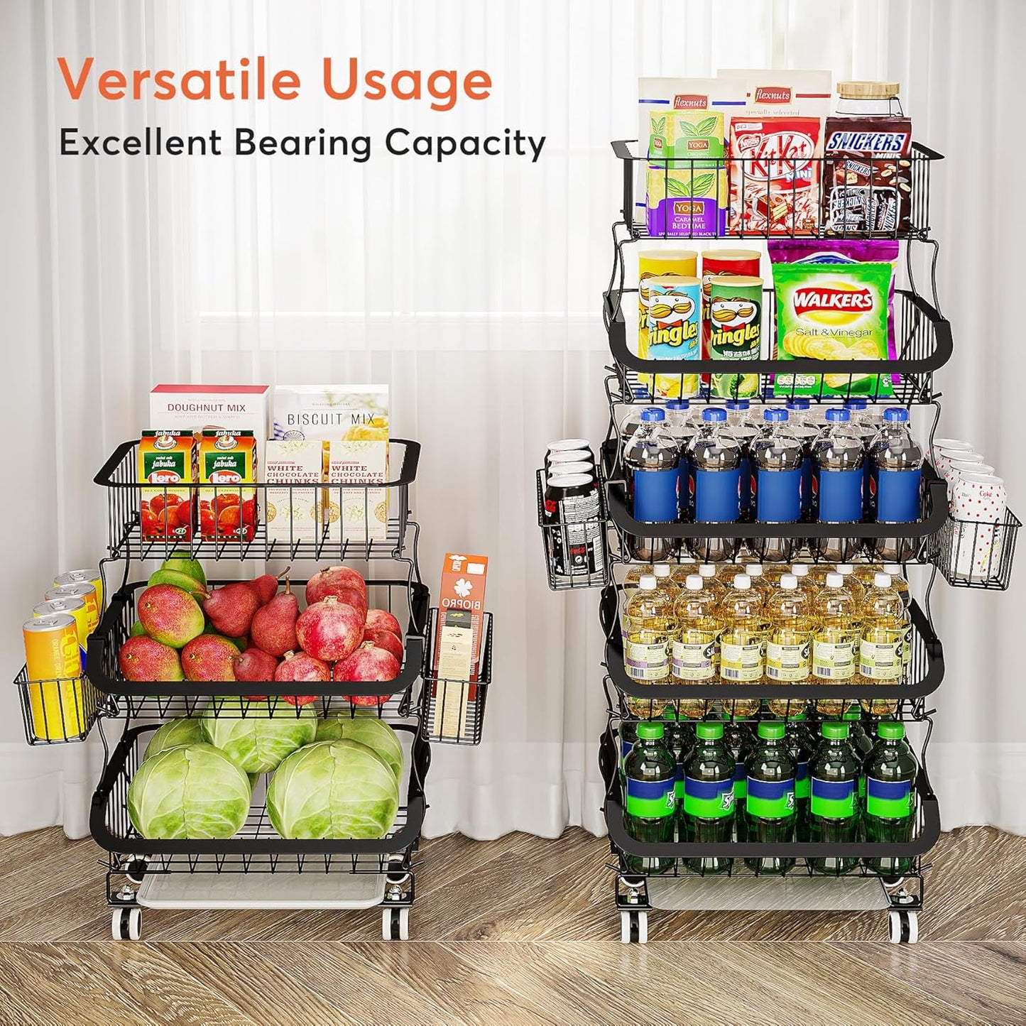 Fruit Basket, 1Easylife 3 Tier Stackable Metal Wire Basket Cart with Rolling Wheels, Utility Rack for Kitchen, Pantry, Garage, With 2 Free Baskets