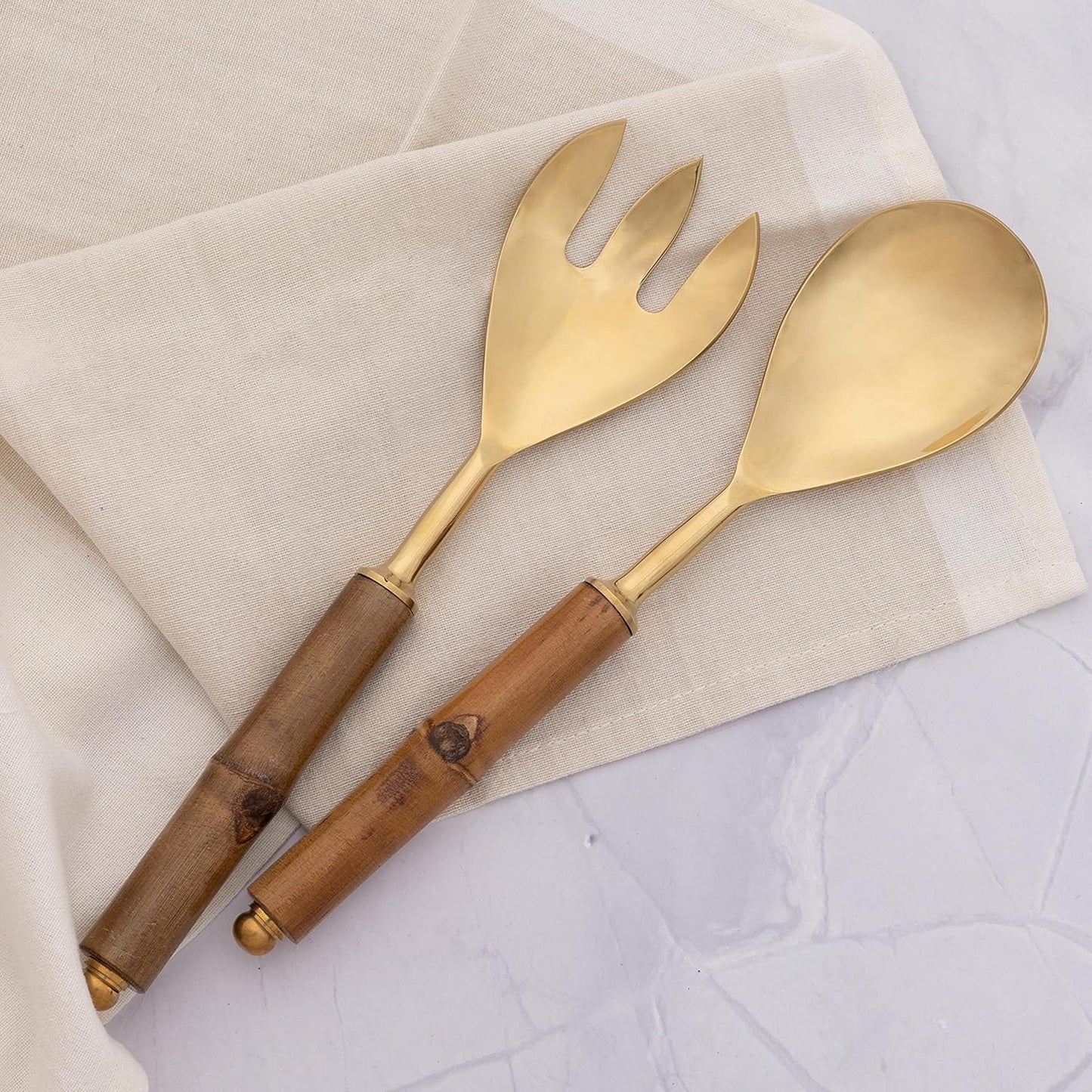 Folkulture Serving Utensils for Modern Serving and Cooking, Stainless Steel Salad Servers or Salad Tongs, 12 Inch Salad Tosser, Serving Spoon and Fork Set with Bamboo Handle, Gold