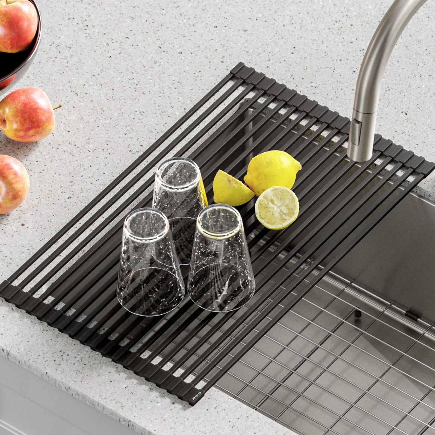 Kraus Multipurpose Over-Sink Roll-Up Dish Drying Rack, Colander and Trivet in Dark Grey, KRM-10DG