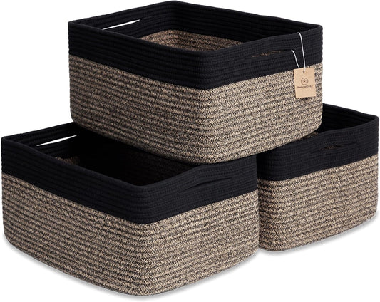 NaturalCozy Storage Baskets 16.8”x13”x7.6” Cotton Rope Woven Baskets for Organizing 3-Pack | Toy Storage Bins | Basket for Shelves, Laundry, Blanket, Clothes, Closet, Kitchen, Bathroom, Gifts