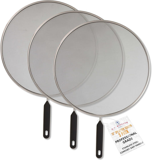 U.S. Kitchen Supply 3-Piece Stainless Steel Splatter Guard Set 13" Fine Mesh Cover, Grease & Oil, Splatter Screen for Frying Pan, Cooking Pots, with Comfort Grip Handles
