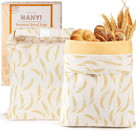 2-Pack Reusable Beeswax Bread Bags for Sourdough & Homemade Bread，Cotton Waxed Bags Keeps Fresh Longer(Golden Wheat)