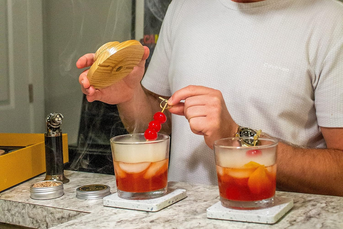 Cocktail Smoker Kit with Bar Stand Smoky Pro with Torch and Selected Wood Chips. All You Need in 1 Set to Smoke Your Whiskey, Bourbon, Scotch, Old Fashioned. A Great Home bar Gift Set!