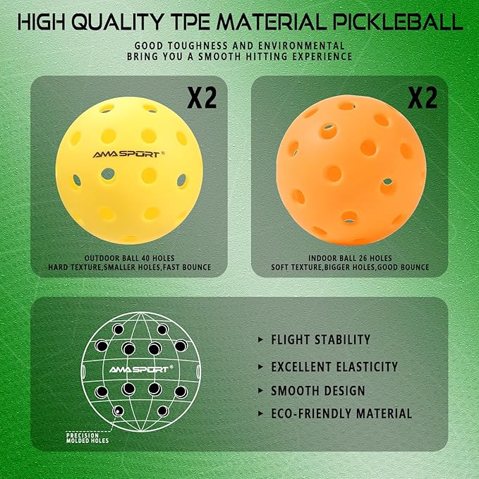AMA SPORT Pickleball Paddles Set of 2 USAPA 1Portable Carry 2 Pickleball 3 Edge 4 Pickleballs, 2 Grip
