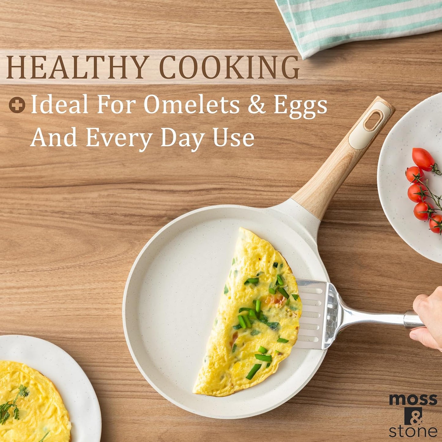 Moss & Stone 9.5 Inch Nonstick Crepe Pan with Spreader, Dosa Pan for Roti Dosa Tawa Comal Para Tortillas, Ceramic Flat Skillet Pan Induction Compatible, Pancake Pan for Stove Top - White