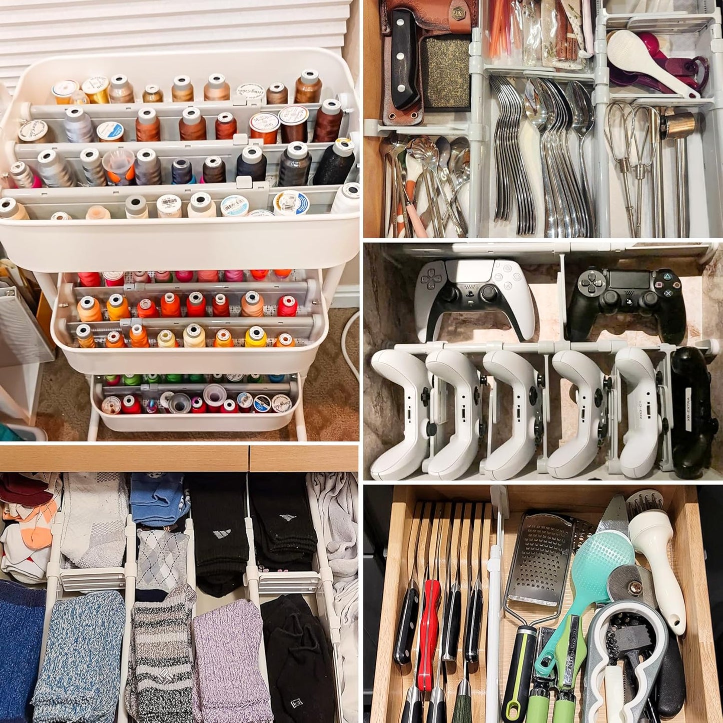 HiYZ Expandable Drawer Dividers with Inserts - Adjustable Drawer Organizers Separators for Kitchen, Bedroom, Dresser, Office, 3 Long Dividers(12.6-22.8 IN) with 6 Inserts(3.9-7.1 IN) - Gray