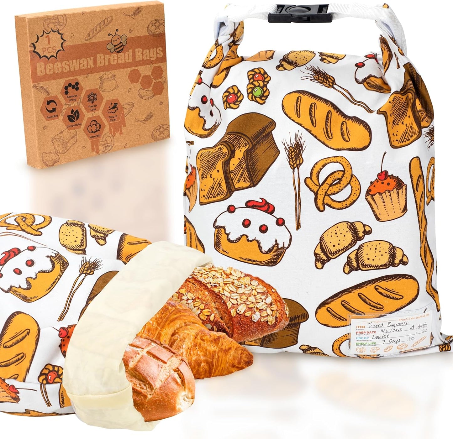 Reusable Beeswax Bread Bag for Homemade Bread & Sourdough Loaf, Fridge-Safe Storage Container with Dual-Zip Freshness Lock & Food Lables Note Dates on, Natural Cotton and Beeswax Lining Keep Fresh