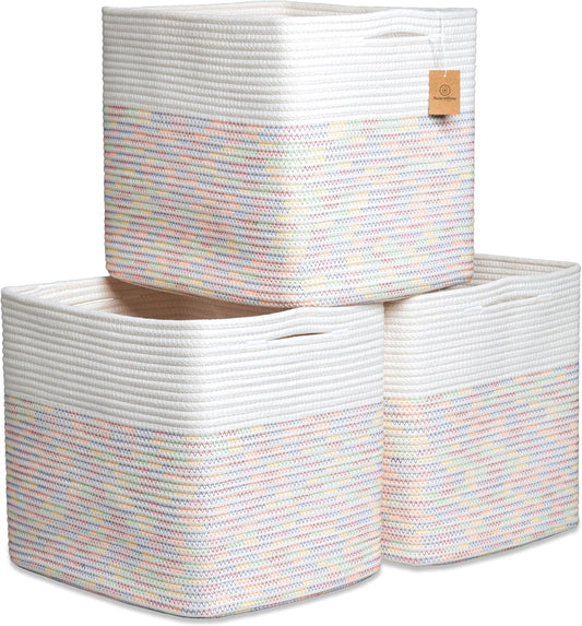 NaturalCozy 13x15x13 Kallax Storage Cubes Bins, 3 Pack | Cotton Rope Cube Storage Bin Woven Baskets for Organizing | Kallax Insert Storage Baskets for Shelves Organizer, Kids Toy, Closet Baby Nursery