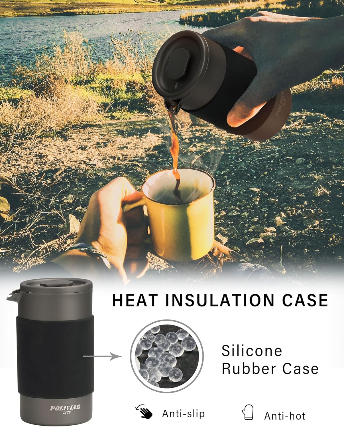 POLIVIAR French Press Coffee Maker, 12 oz Portable French Press with Mini Canister and Collection Bag, Double Wall Insulation & Dual- Filter Screen, Food Grade Stainless Steel for Coffee