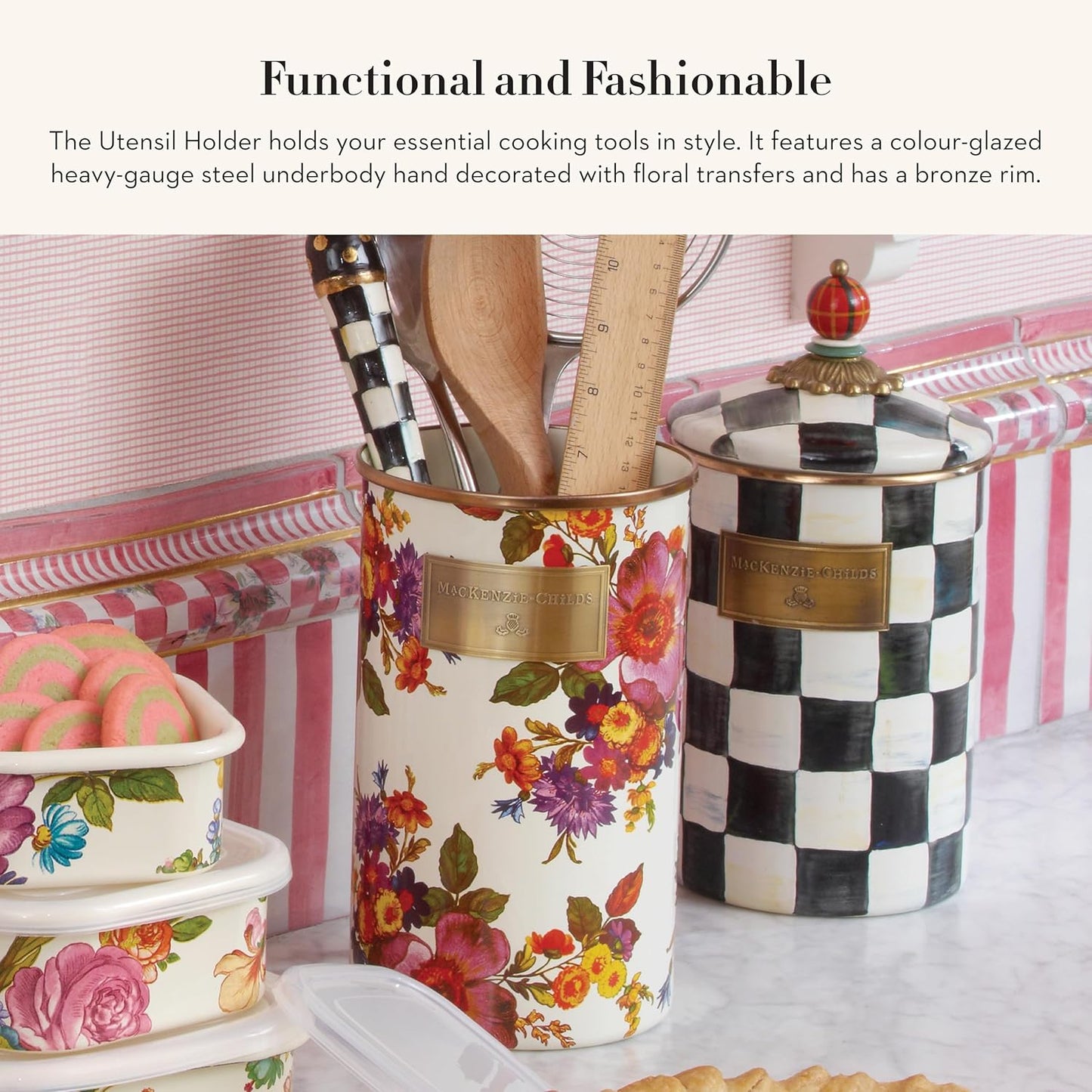 MACKENZIE-CHILDS Enamel Utensil Holder, Kitchen Utensil Holder for Countertop, Storage Caddy, White Flower Market