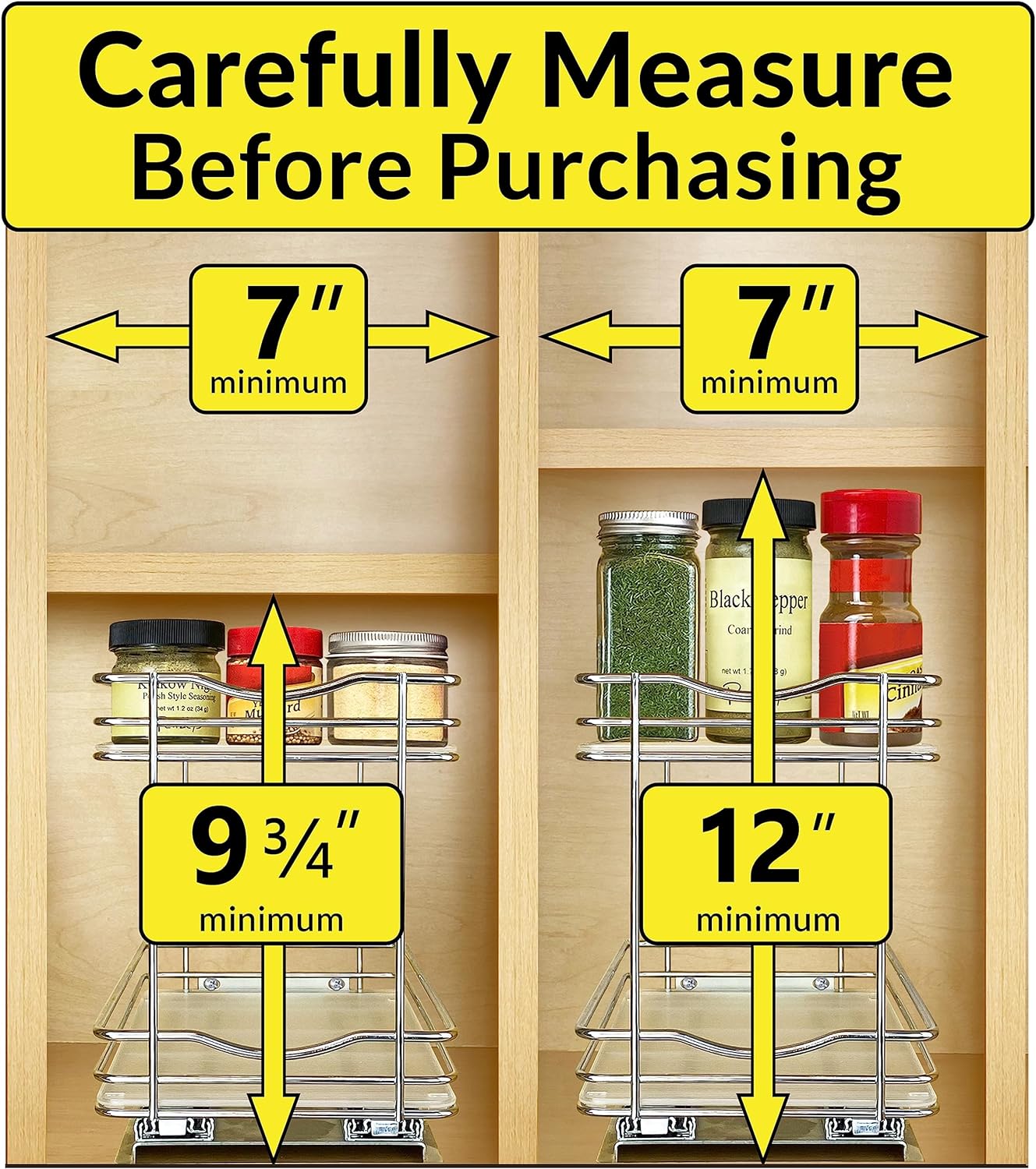 LYNK PROFESSIONAL® Pull Out Spice Rack Organizer for Inside Kitchen Cabinets - 6-1/4 inch Wide - Slide Out Drawer – Chrome Sliding Spice Cabinet Organization Shelf Racks - 2 Tier