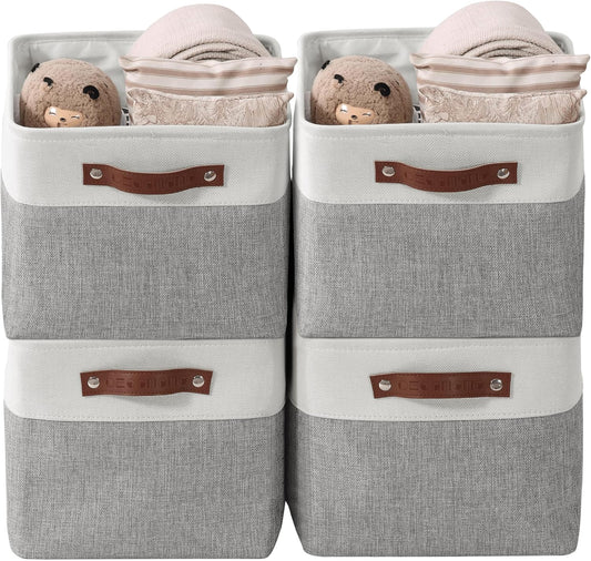 DECOMOMO Storage Baskets for Shelves - Fabric Storage Bins, Linen Closet Organizers and Storage (Grey & White, XL - 4 Pack)