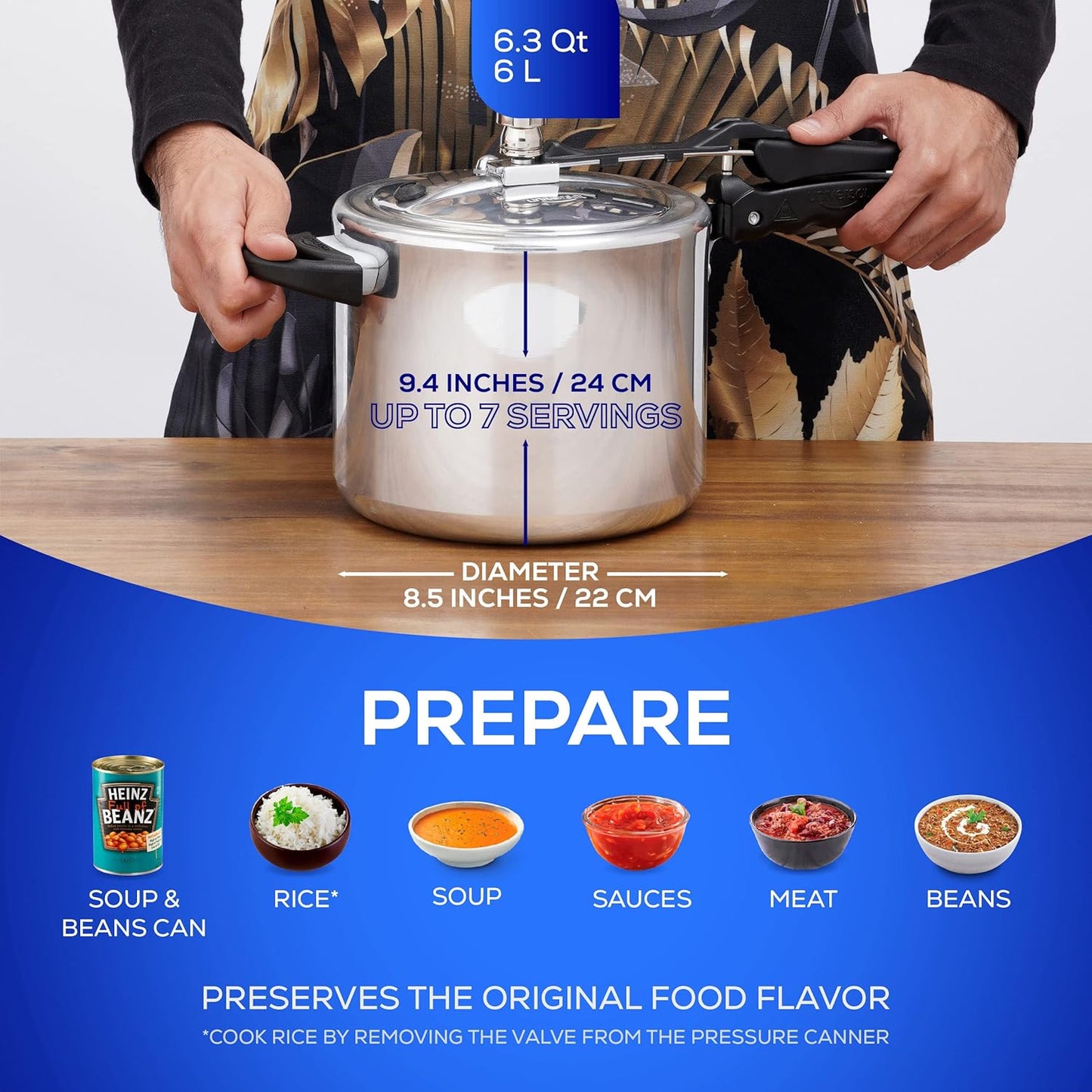 Universal (6.3 Quart / 6 Liter) Pressure Cooker, 7 Servings, Aluminum Pressure Cooker With Multiple Safety Systems and Heat Resistant Handles For Stews, Soup, Meat, and Beans