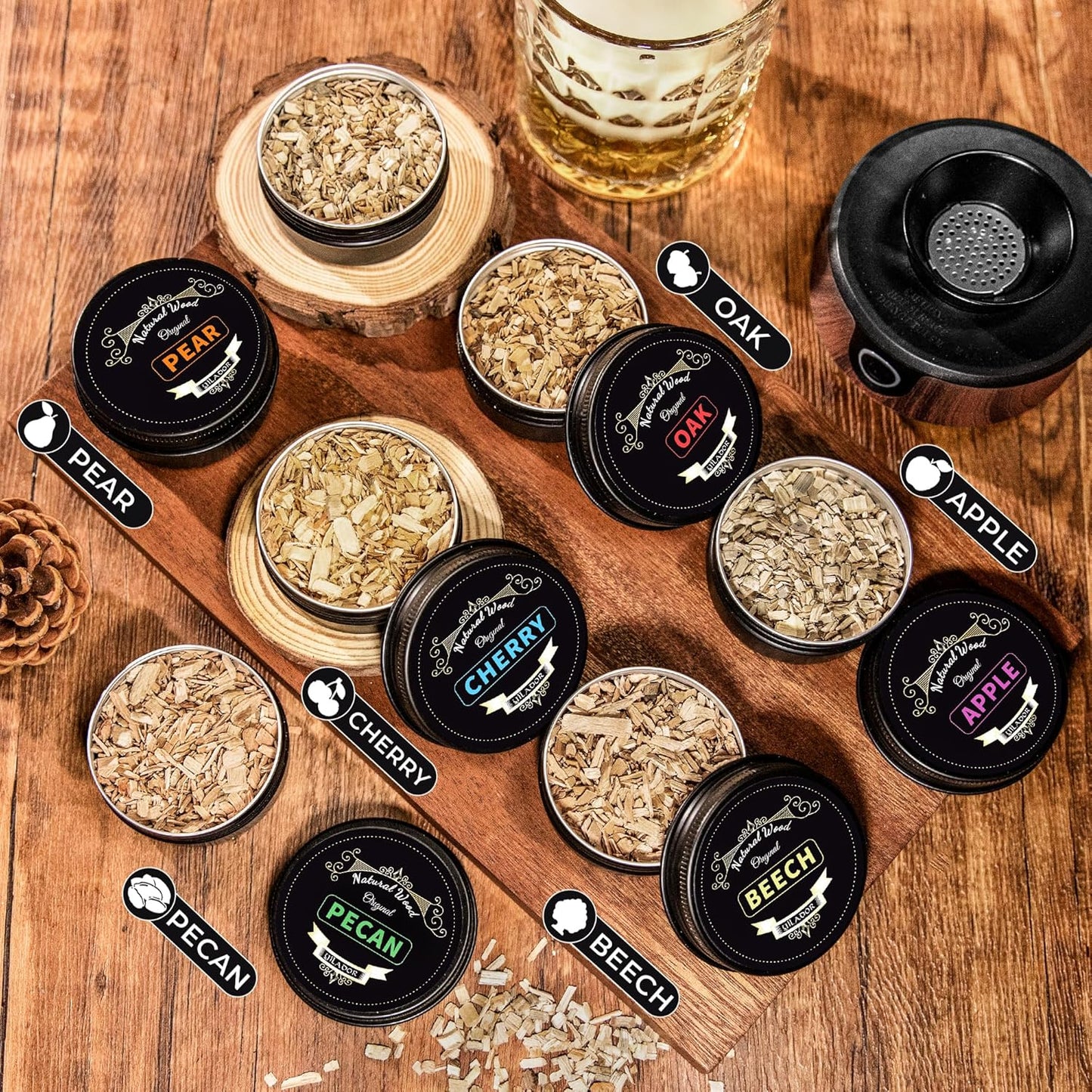 Electric Whiskey Smoker Kit with Torch, Premium Wooden Box, 4 Wood Chips, Ice Molds, Recipes, Cocktail Smoker Kit for Bourbon & Old Fashioned, Ideal Gift for Dad, Husband and Men (No Butane)