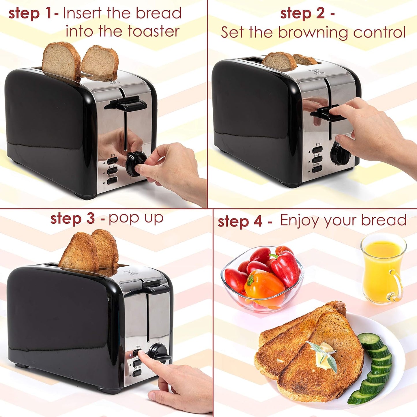 Moss & Stone 2 Slice Toaster, 1.5in Extra-Wide Slot For Bagel & Defrost with 5 Shade Settings, Bread Toaster 2 Slice With Removable Crumb Tray, Black