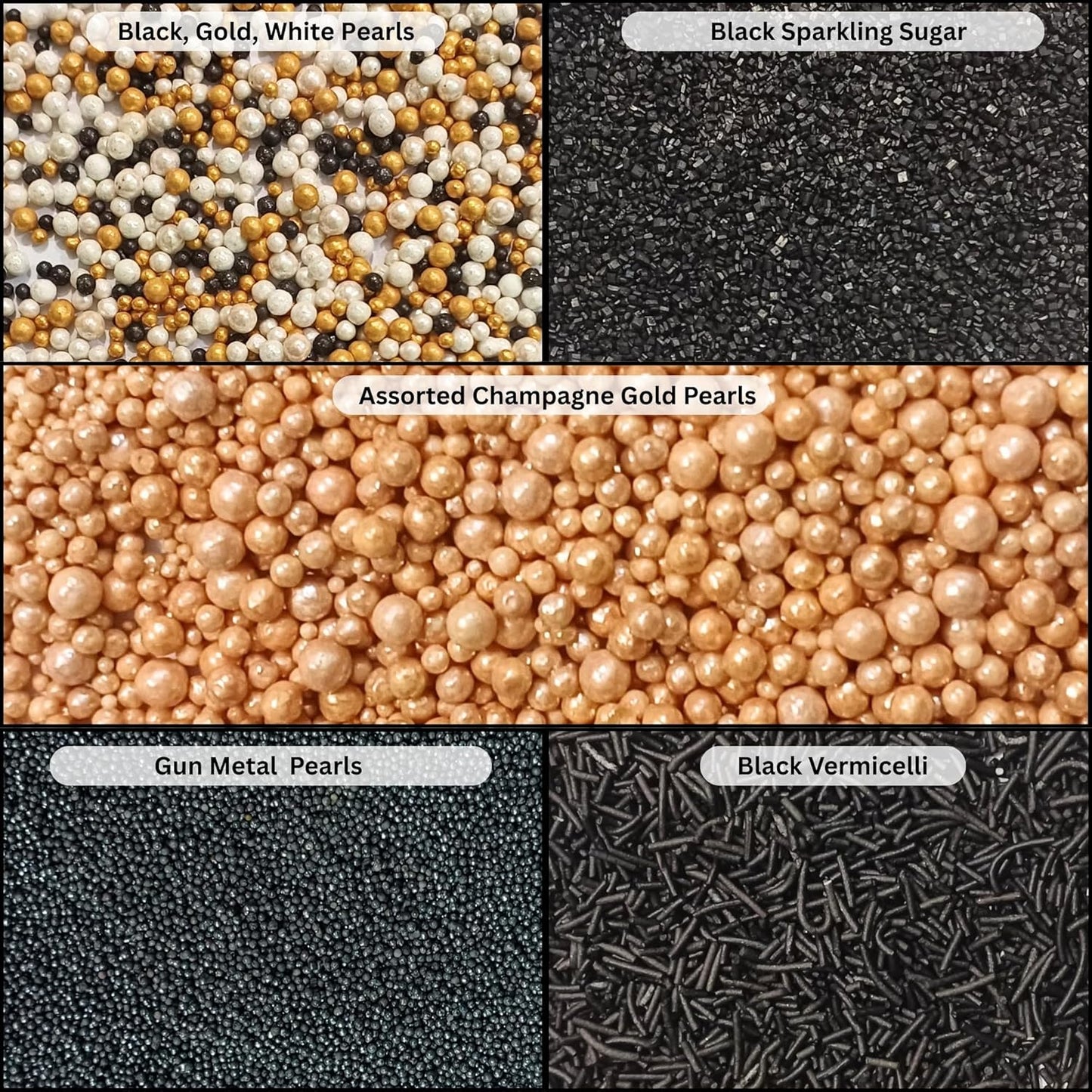 Confect Masquerade Sprinkles Mix – Champagne Gold & Black Pearl Dragees, Black Jimmies & Sparkling Sugar | Edible Sprinkles for Cakes, Cupcakes & Desserts | Vegan, Gluten-Free, Nut-Free, Soy-Free, Dairy-Free, Palm Oil-Free- 5 Oz