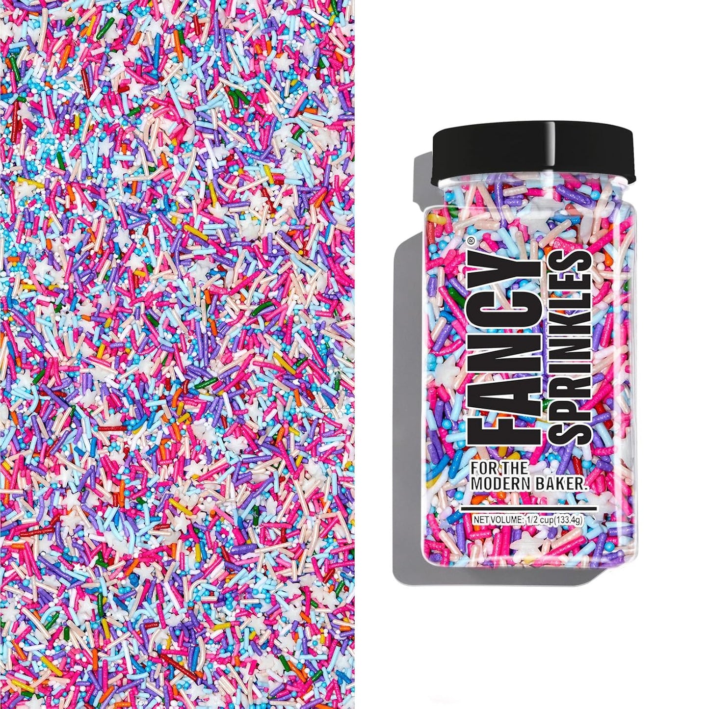 Fancy Sprinkles Roller Disco Sprinkles, Real Sugar, For Ice Cream, Cookies, Cakes, Cupcakes, Dessert Decorating, Purple & Pink Sprinkles with Star Shapes (0.5c)