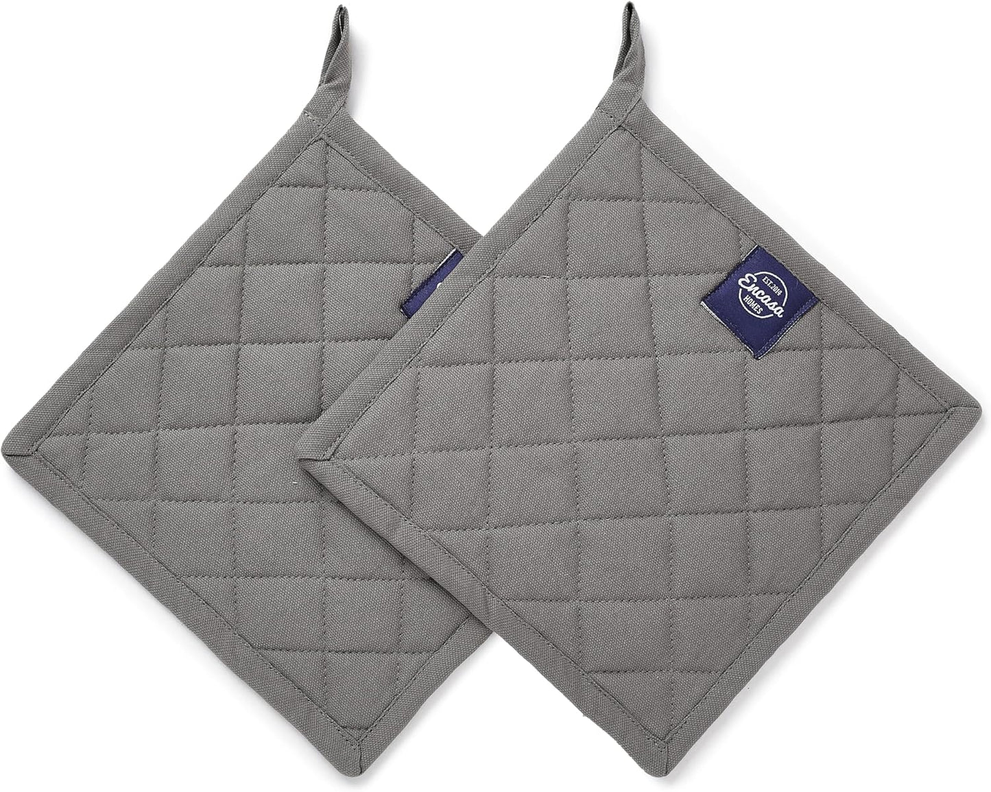 Encasa XO Heat Resistant Cotton Pot Holders with Hanging Loop - Set of 2 - Grey - Multipurpose Quilted Everyday Hot Pad for Kitchen, Camping, BBQ & Microwave - 8x8 in