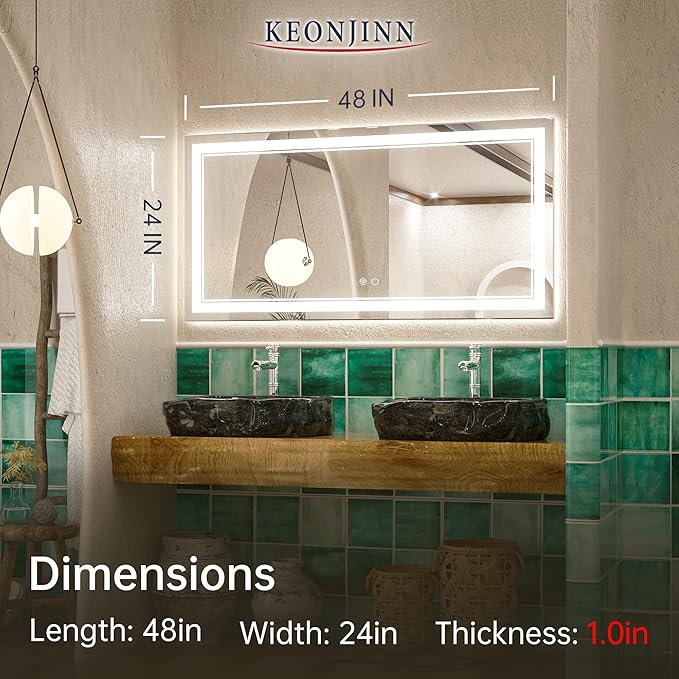 Keonjinn 48 x 24 Inch LED Bathroom Mirror 6000K (Horizontal/Vertical)