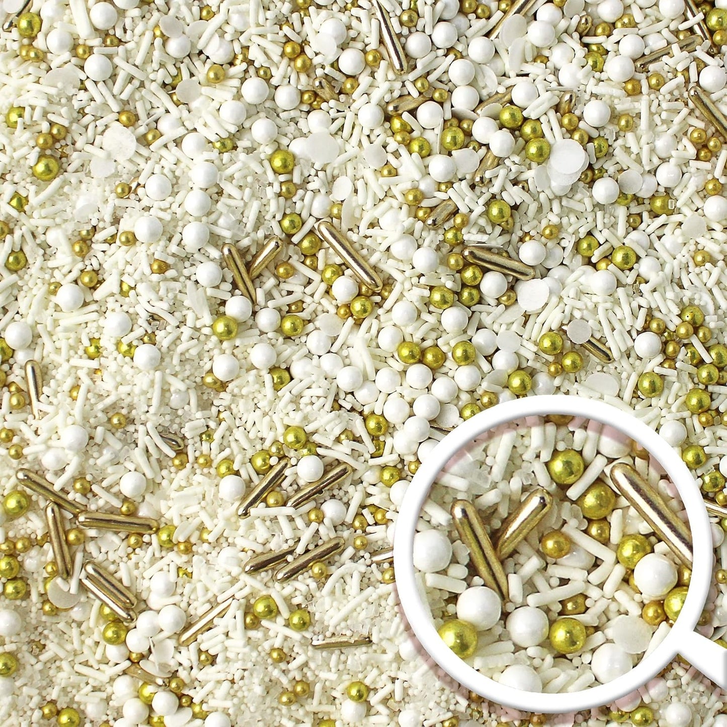 Wedding White Sprinkle Mix| Made In USA By Sprinkle Pop| Pastel White Sprinkles With Gold Metallics Dragees| Sprinkles For Decorating Bridal Shower Wedding Anniversary Party Cupcakes Cake Cookies, 2oz