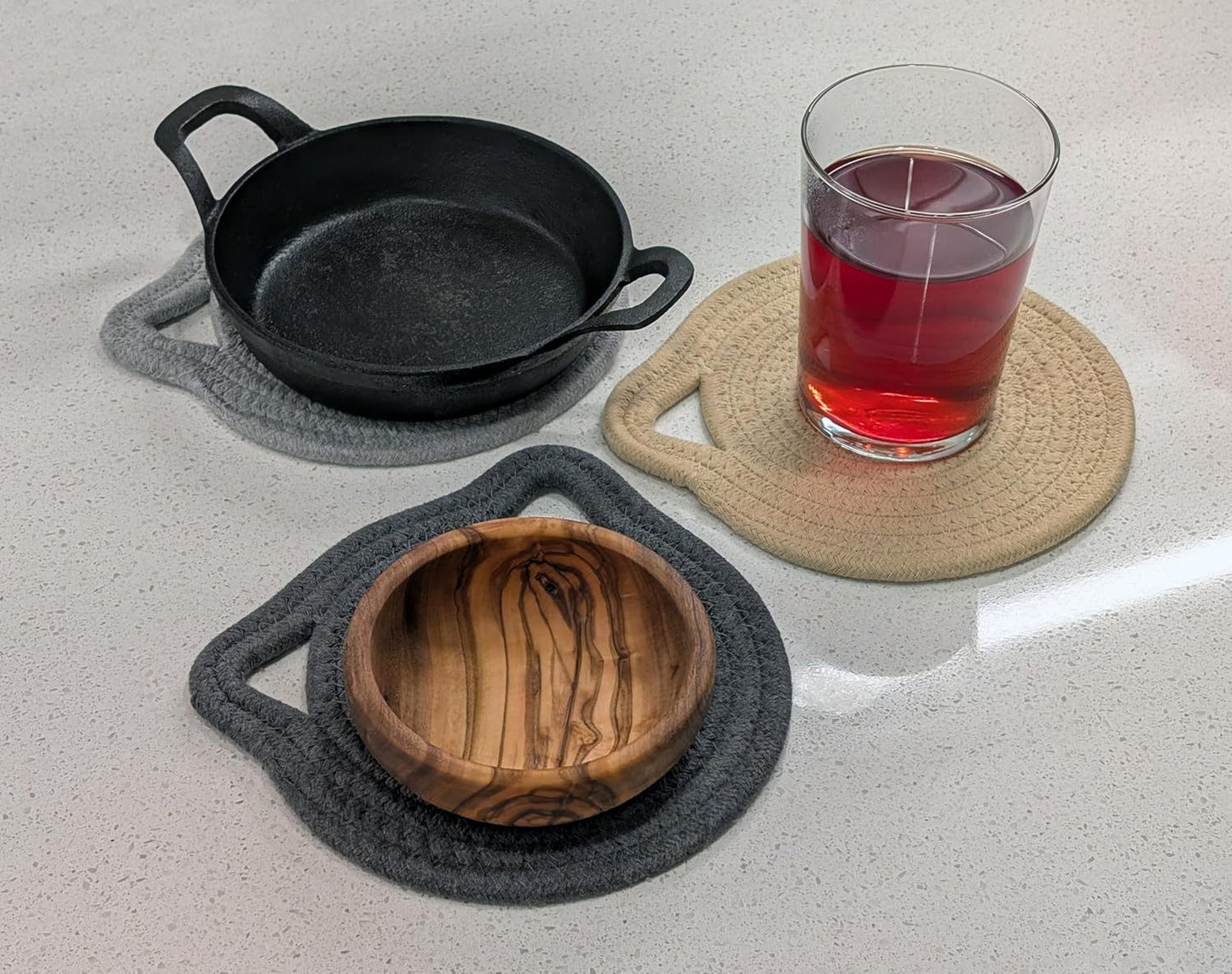 7” Cat Trivet 3 Piece Set - Sturdy Thick Cotton Hot Pad Placemat - for Kitchen and Dining - Cute Kawaii Kitten Design - Kitchen Accessory Gift (Gray & Beige)