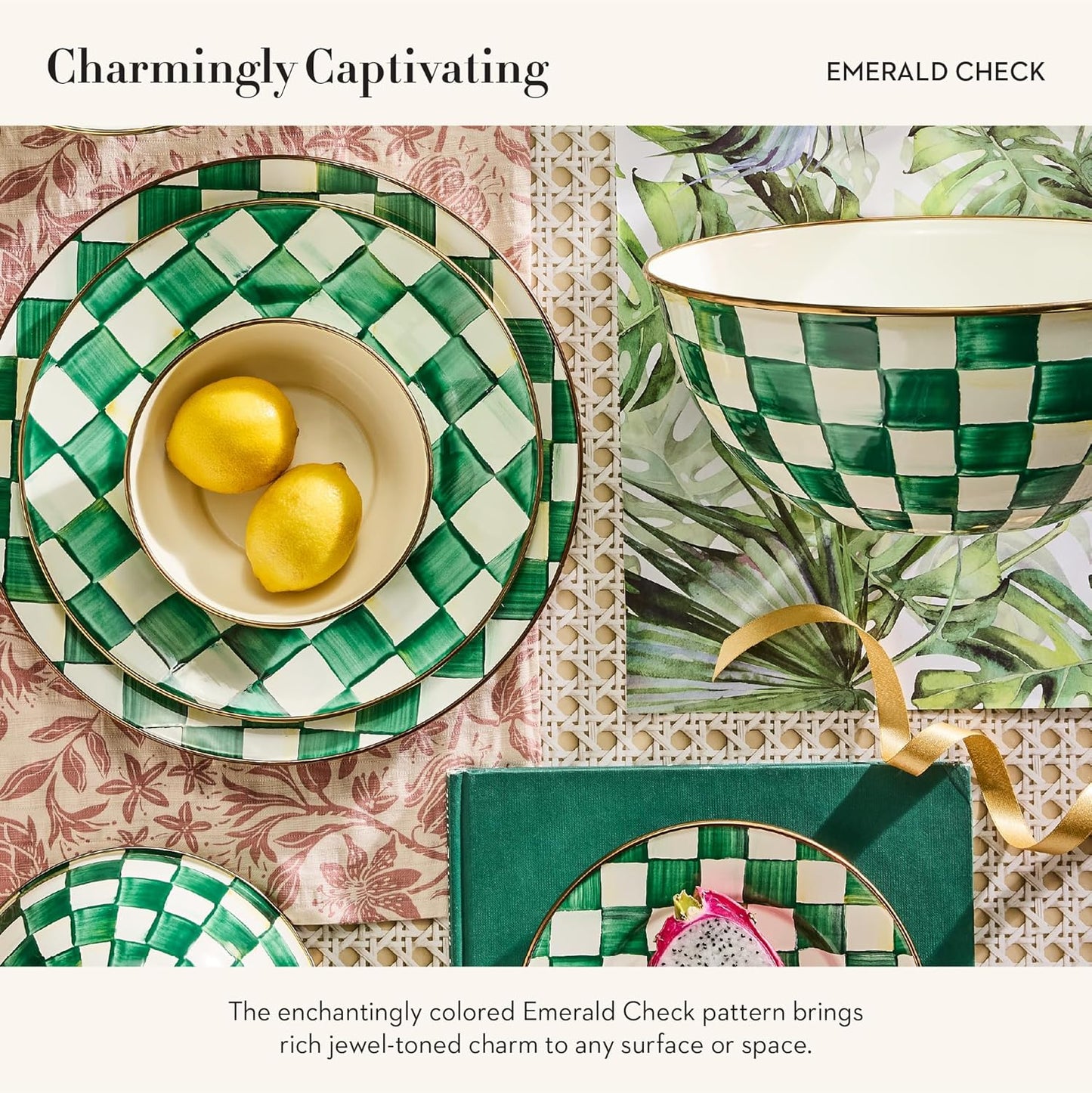 MACKENZIE-CHILDS Enamel Everyday Bowl, Serving Bowl for Entertaining, Extra Large, Green-and-White Emerald Check