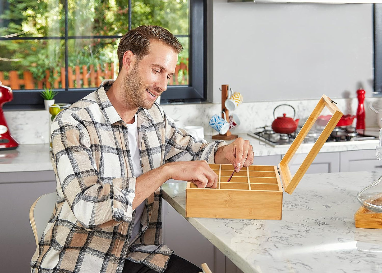 RoyalHouse Big Natural Bamboo Tea Storage Organizer with Clear Acrylic Top Window, 12 Compartments Eco-Friendly Tea Bag Holder, Multi-Functional Storage Box