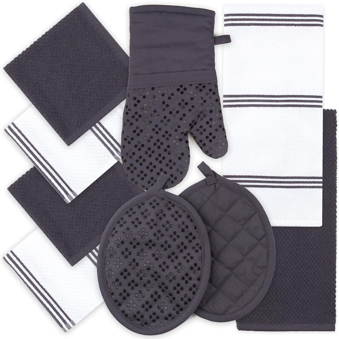 Sticky Toffee 9-Piece Kitchen Set – Gray 100% Cotton Terry Dish Towels, Dishcloths, Oven Mitts, and Pot Holders with Non-Slip Silicone Grip, Oeko-Tex Cotton