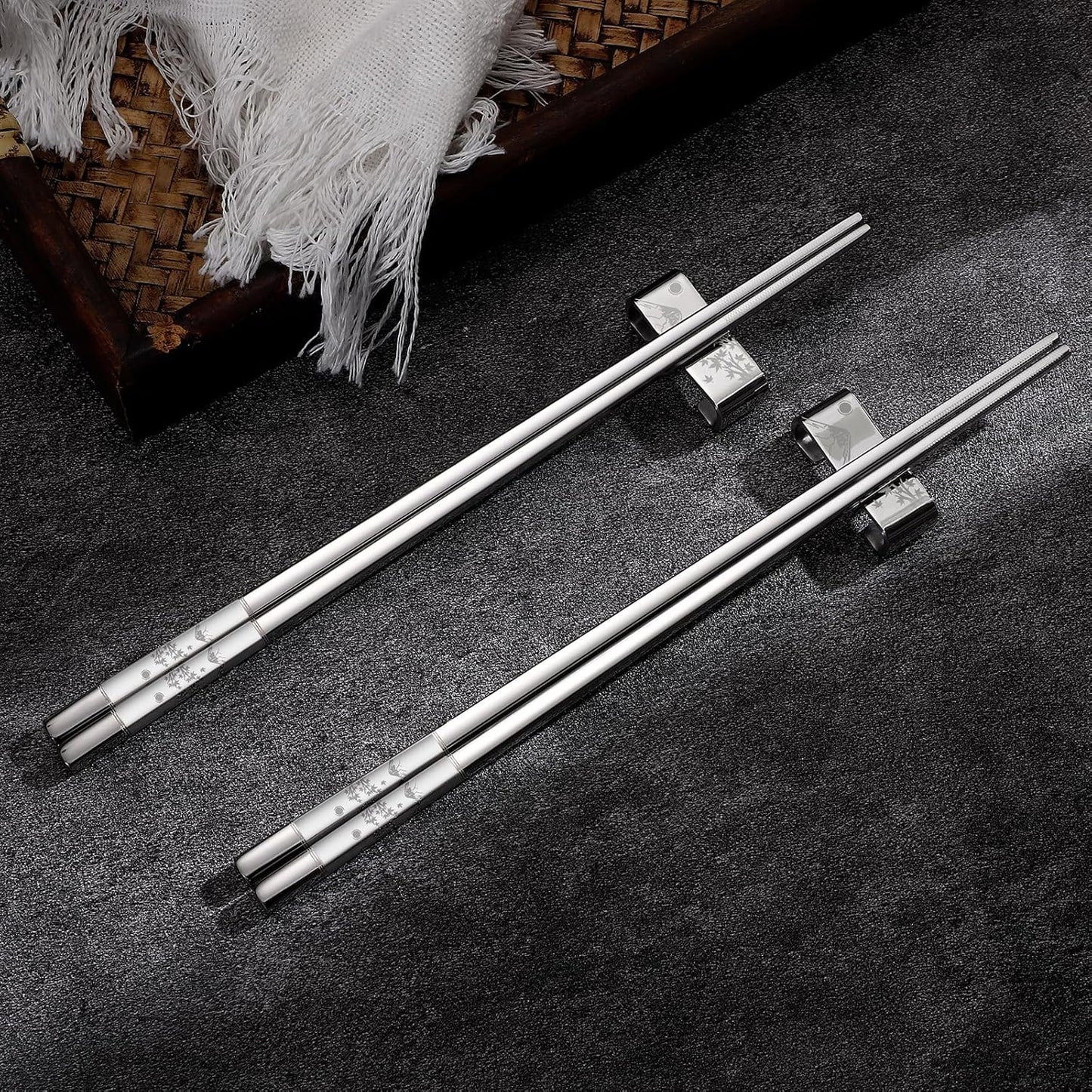 Metal Chopsticks Reusable 2 Pairs Titanium Plated 18/8 Stainless Steel Chopsticks with Holder, Dishwasher Safe Non-Slip Japanese Style Laser Engraved Chop Sticks Gift Set (Silver)