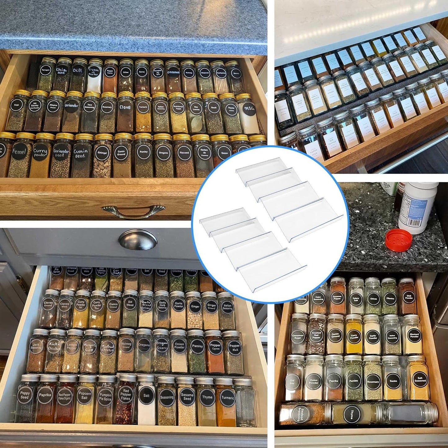 MIUKAA Clear Acrylic Spice Drawer Organizer, 4 Tier- 2 Set Expandable From 9" to 18" Seasoning Jars Drawers Insert, Kitchen Spice Rack Tray for Drawer/Countertop (Jars not included)