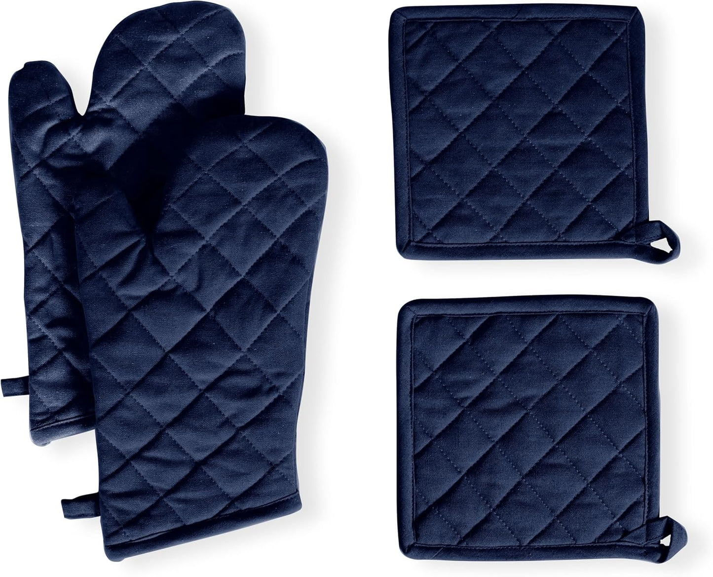 Native Fab 4 Piece Set - 2 Oven Mitts & 2 Potholders, Heat Resistant, 100% Cotton, Quilted Design, Non-Slip Grip, Machine Washable, Ideal for Baking, Cooking, BBQ, Kitchen Protection - Navy Blue